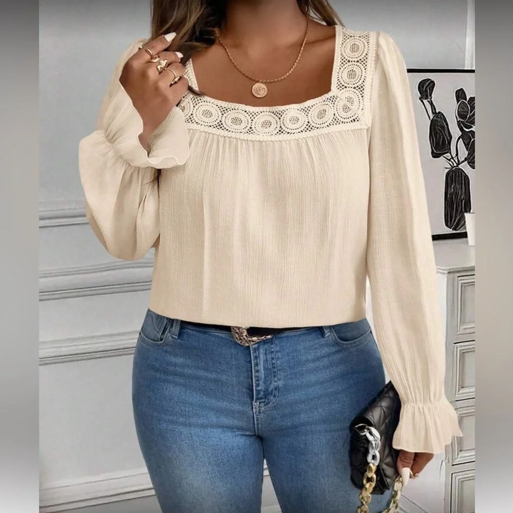 Elegant Cream Lace Trim Women's Top